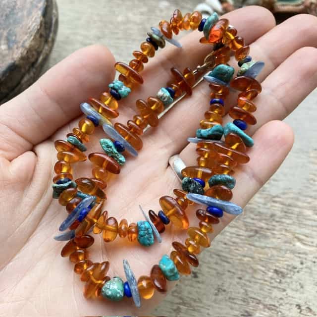 Handmade amber, lapis lazuli and turquoise necklace
