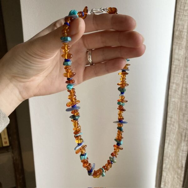 Handmade amber, lapis lazuli and turquoise necklace