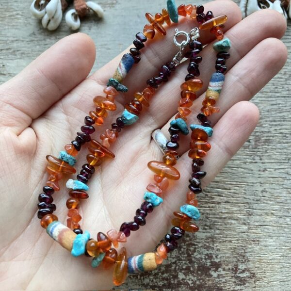 Handmade amber and garnet crystal beaded necklace