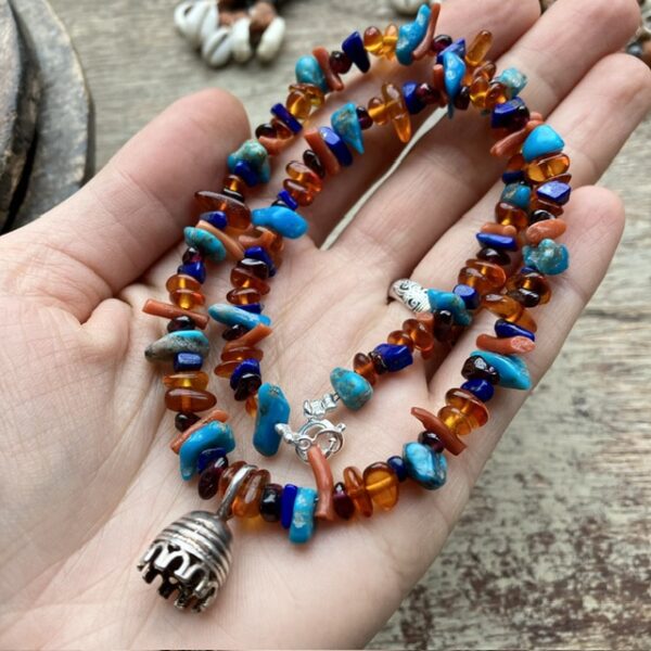 Handmade amber and turquoise beaded necklace