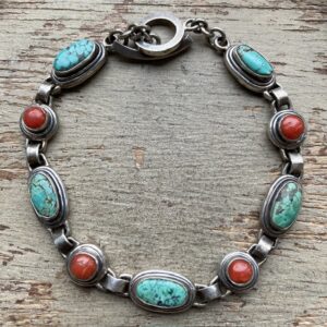 Vintage sterling silver, turquoise and red coral bracelet