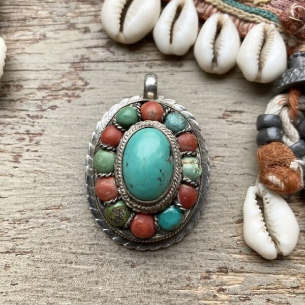 Vintage Tibetan sterling silver, turquoise and red coral pendant