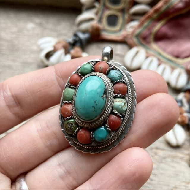 Vintage Tibetan sterling silver, turquoise and red coral pendant