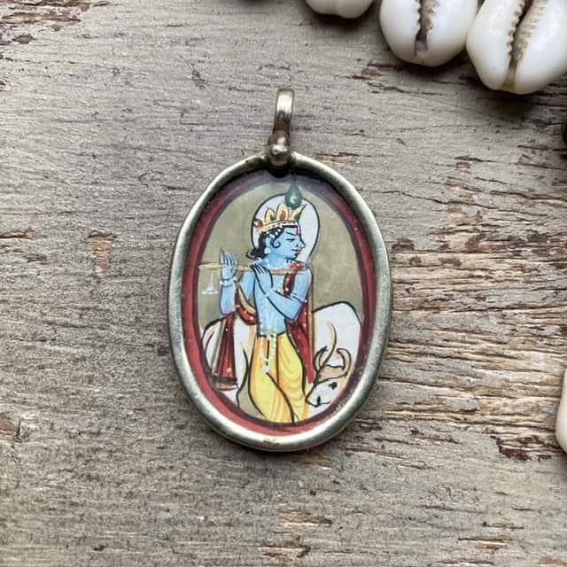 Vintage Indian hand painted Krishna pendant