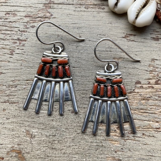 Vintage Zuni sterling silver and red coral earrings