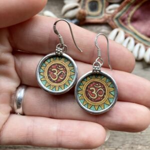 Indian sterling silver hand-painted Om earrings