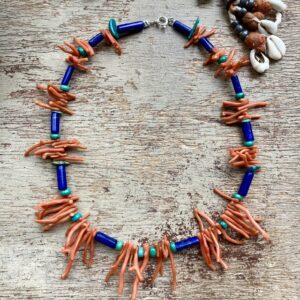 Handmade coral, lapis lazuli and turquoise necklace