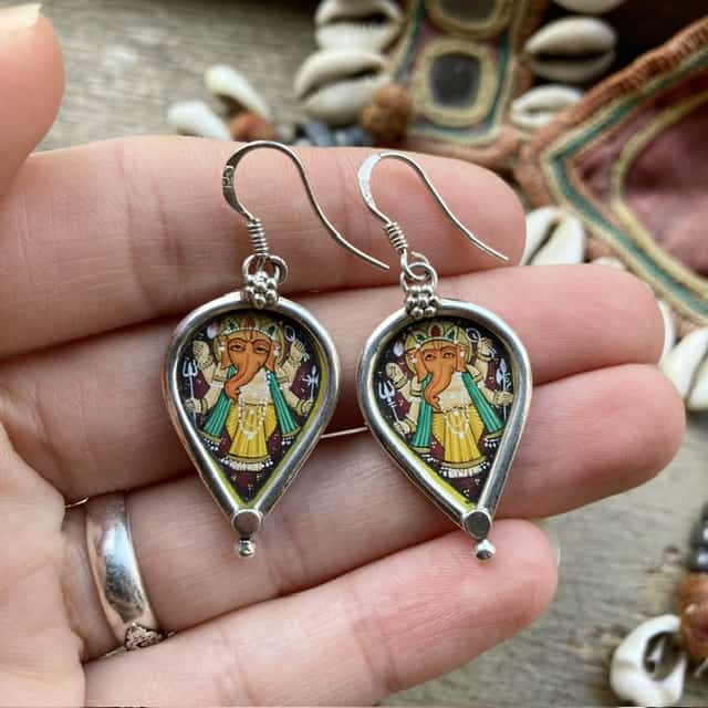 Indian sterling silver hand painted Ganesha earrings