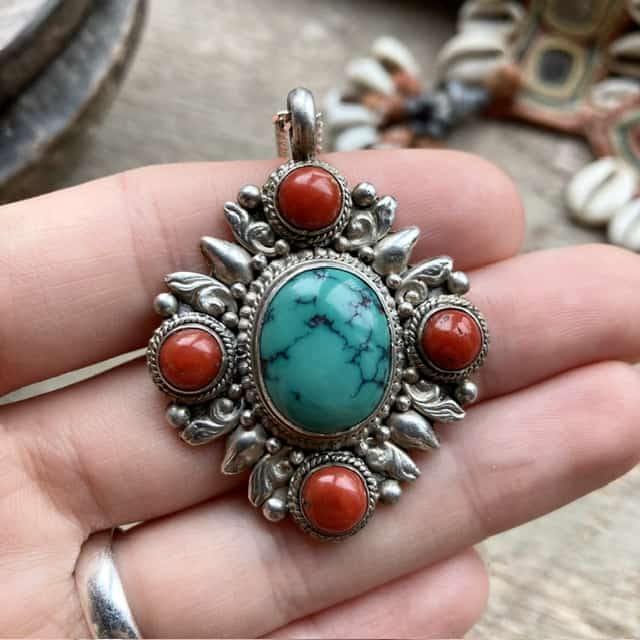 Vintage Tibetan sterling silver turquoise and red coral necklace