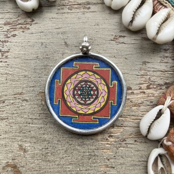 Indian sterling silver hand painted yantra pendant