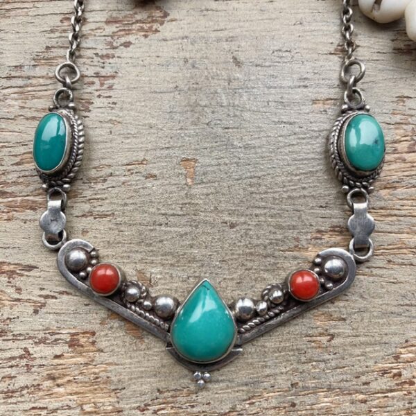 Vintage sterling silver turquoise and red coral necklace