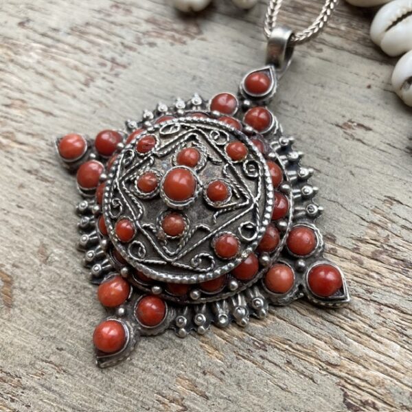 Vintage Tibetan sterling silver red coral necklace