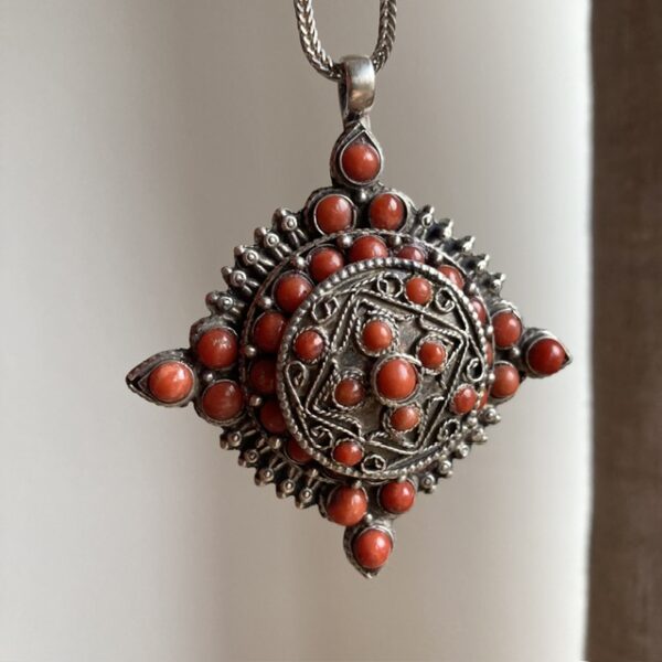 Vintage Tibetan sterling silver red coral necklace