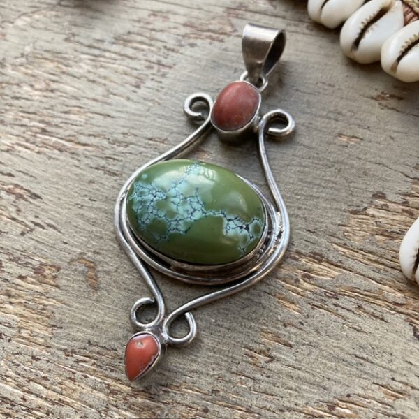Vintage sterling silver turquoise and coral pendant