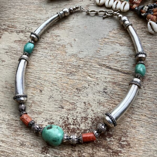 Vintage sterling silver, turquoise and red coral necklace