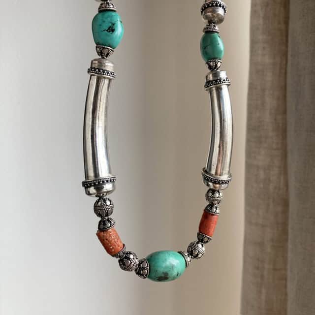 Vintage sterling silver, turquoise and red coral necklace