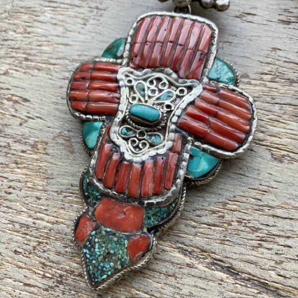 Vintage Tibetan sterling silver and red coral pendant