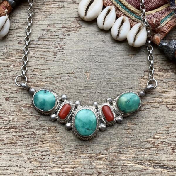 Vintage sterling silver turquoise and coral necklace