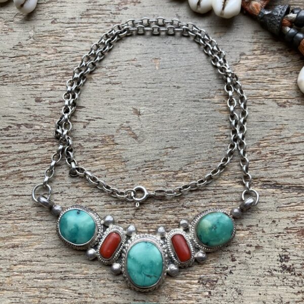 Vintage sterling silver turquoise and coral necklace