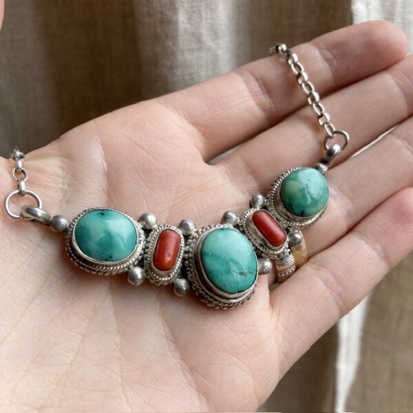 Vintage sterling silver turquoise and coral necklace