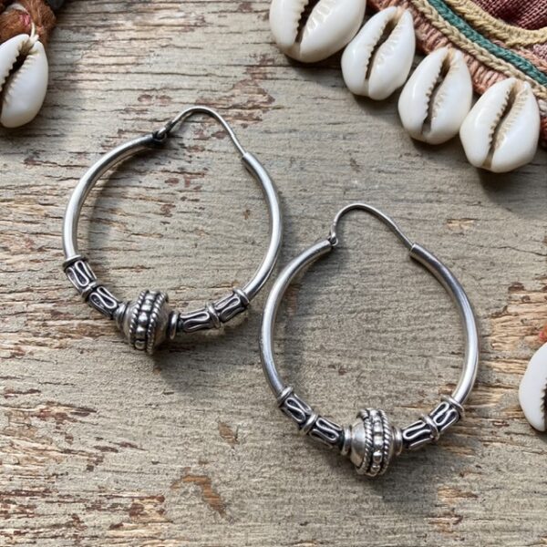 Vintage ornate sterling silver Bali hoops