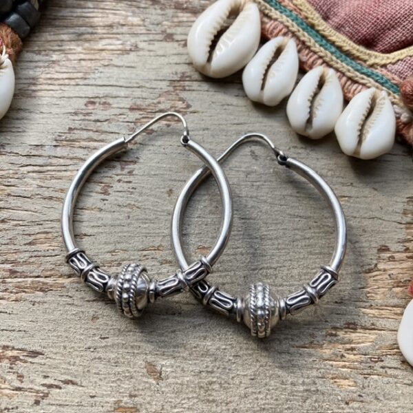 Vintage ornate sterling silver Bali hoops