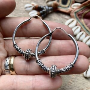 Vintage ornate sterling silver Bali hoops