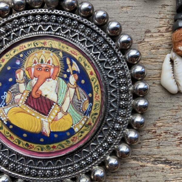 Vintage Indian sterling silver hand painted Ganesha pendant