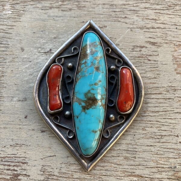 Vintage Navajo sterling silver, turquoise and coral pendant