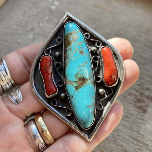 Vintage Navajo sterling silver, turquoise and coral pendant