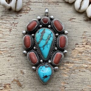 Vintage Tibetan sterling silver, turquoise and red coral pendant