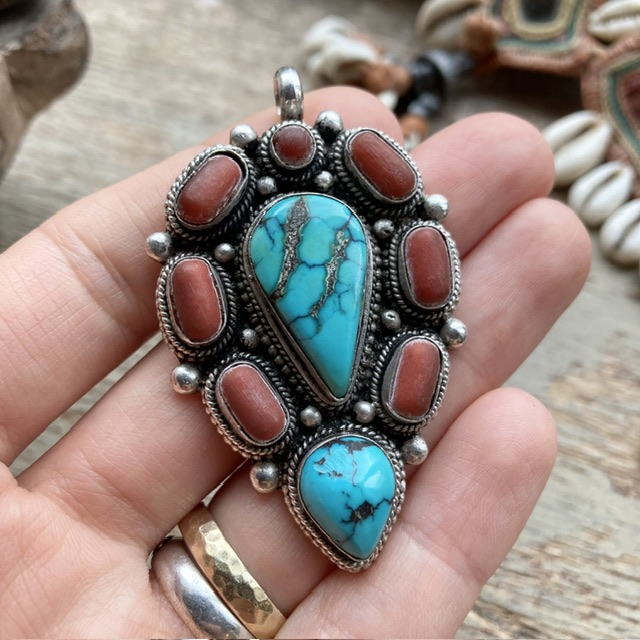 Vintage Tibetan sterling silver, turquoise and red coral pendant