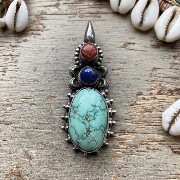 Vintage sterling silver, turquoise, red coral and lapis lazuli pendant