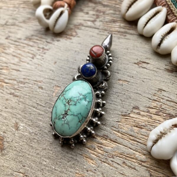 Vintage sterling silver, turquoise, red coral and lapis lazuli pendant