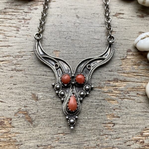 Vintage ornate sterling silver and red coral necklace