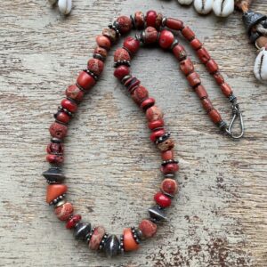 Vintage natural red coral and sterling silver beaded necklace