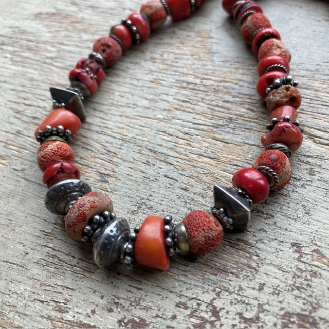 Vintage natural red coral and sterling silver beaded necklace