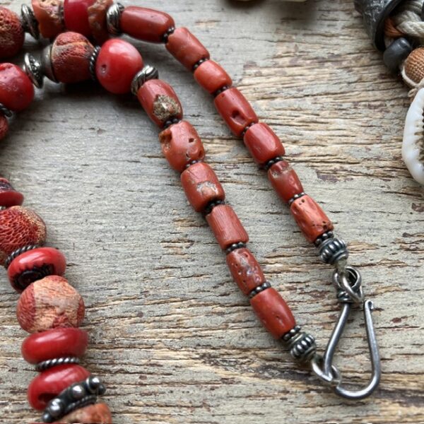 Vintage natural red coral and sterling silver beaded necklace