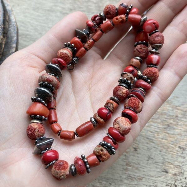 Vintage natural red coral and sterling silver beaded necklace