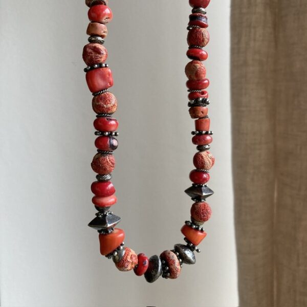 Vintage natural red coral and sterling silver beaded necklace