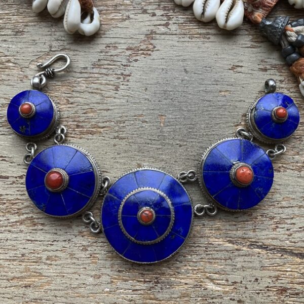 Vintage Tibetan sterling silver, lapis lazuli and red coral bracelet