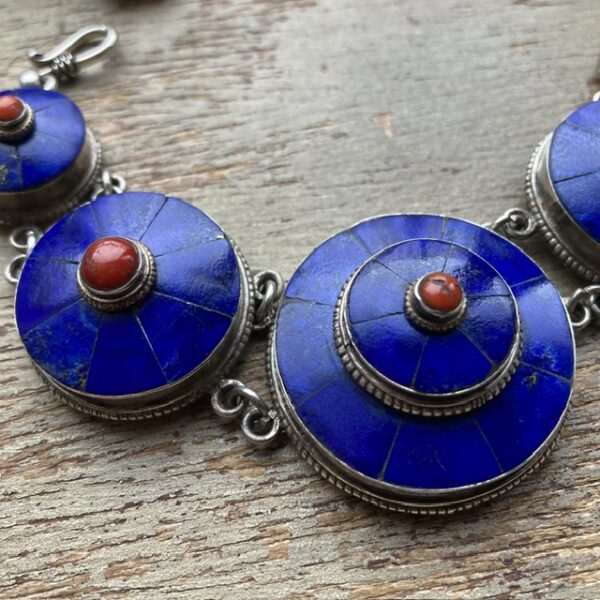 Vintage Tibetan sterling silver, lapis lazuli and red coral bracelet