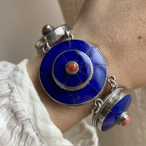 Vintage Tibetan sterling silver, lapis lazuli and red coral bracelet