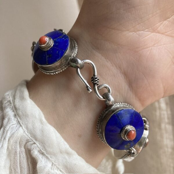 Vintage Tibetan sterling silver, lapis lazuli and red coral bracelet