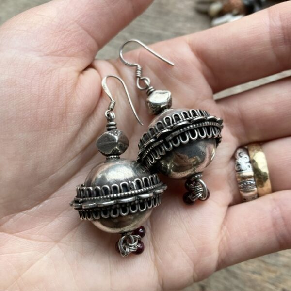 Vintage Indian sterling silver earrings with garnet beads