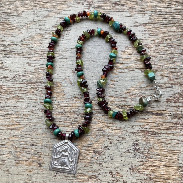 Handmade crystal beaded temple token necklace