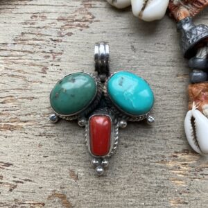 Vintage sterling silver, turquoise and red coral pendant