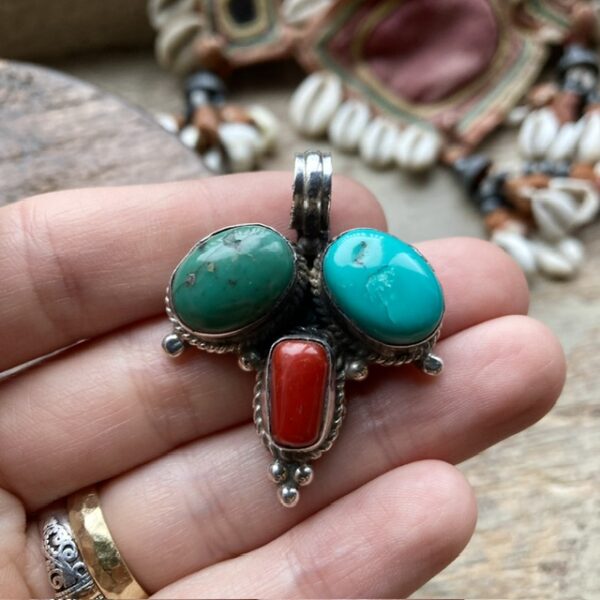 Vintage sterling silver, turquoise and red coral pendant