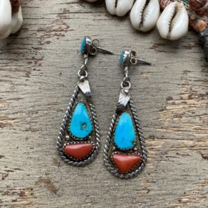 Vintage Navajo sterling silver, turquoise and red coral earrings