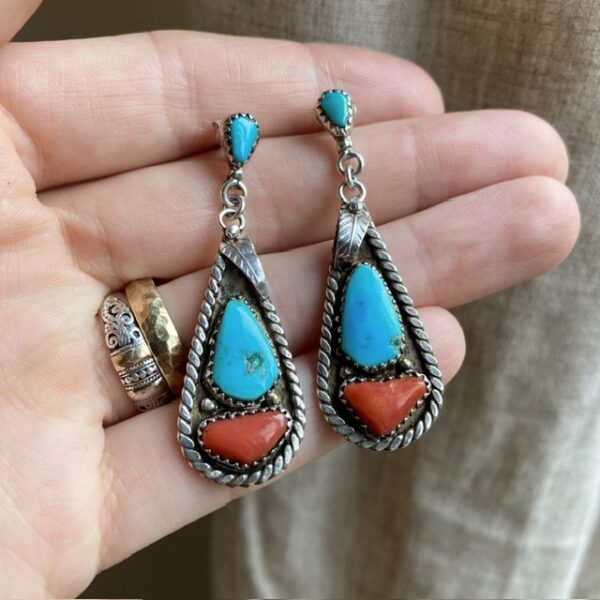 Vintage Navajo sterling silver, turquoise and red coral earrings